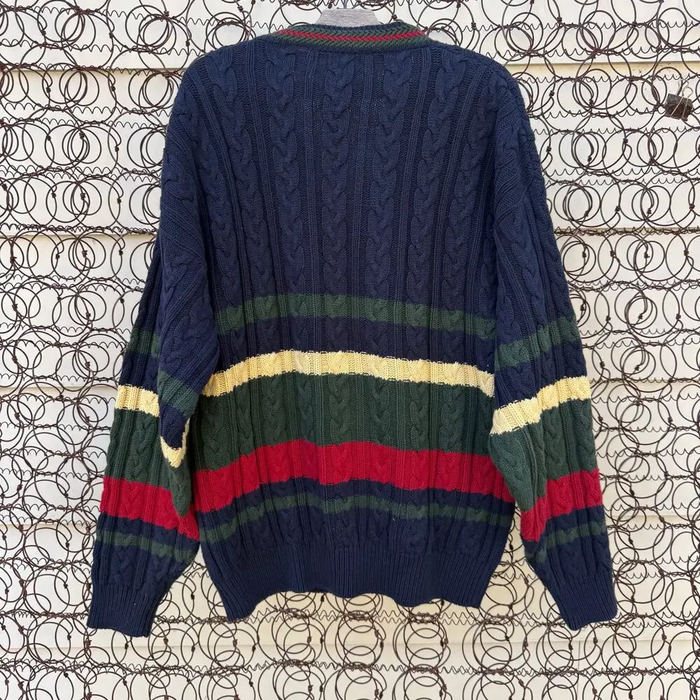 Vintage 90s Roundtree and York Dark Primary Color Stripe Fisherman Sweater XL